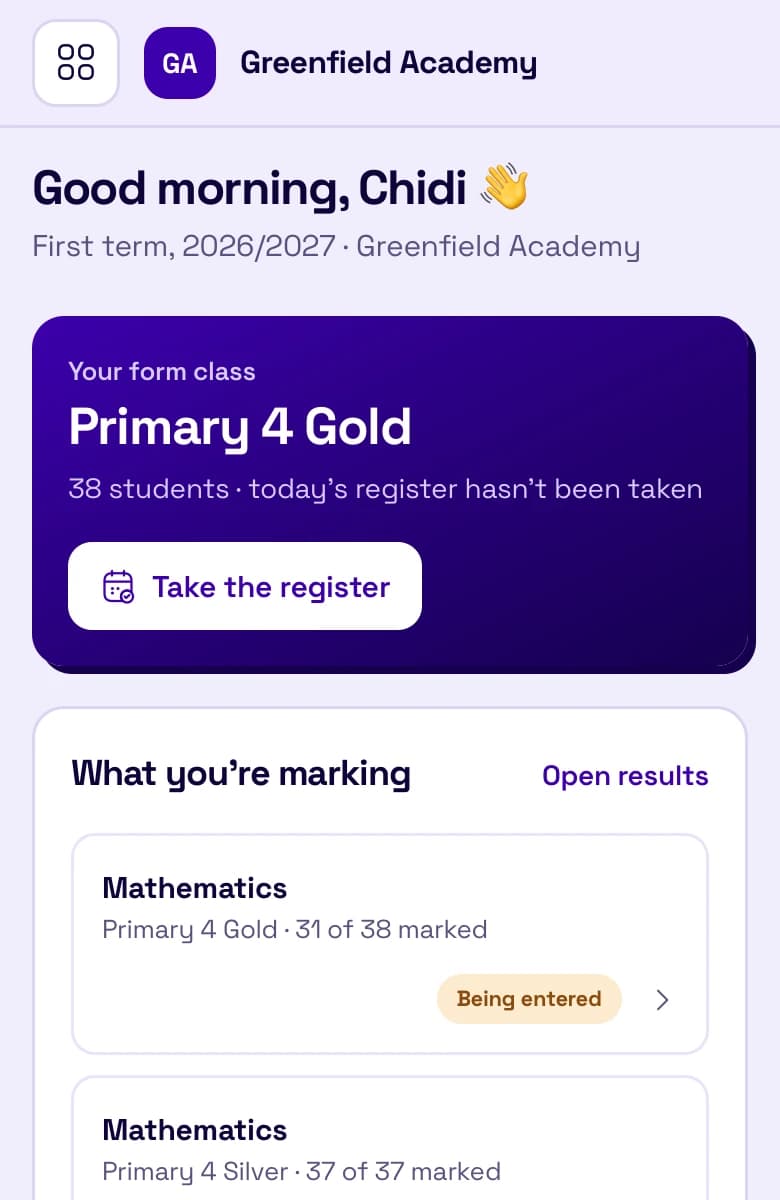 A teacher's dashboard: their form class, Primary 4 Gold, with today's register still to take, and the subjects they are marking with how many students each has scores for.